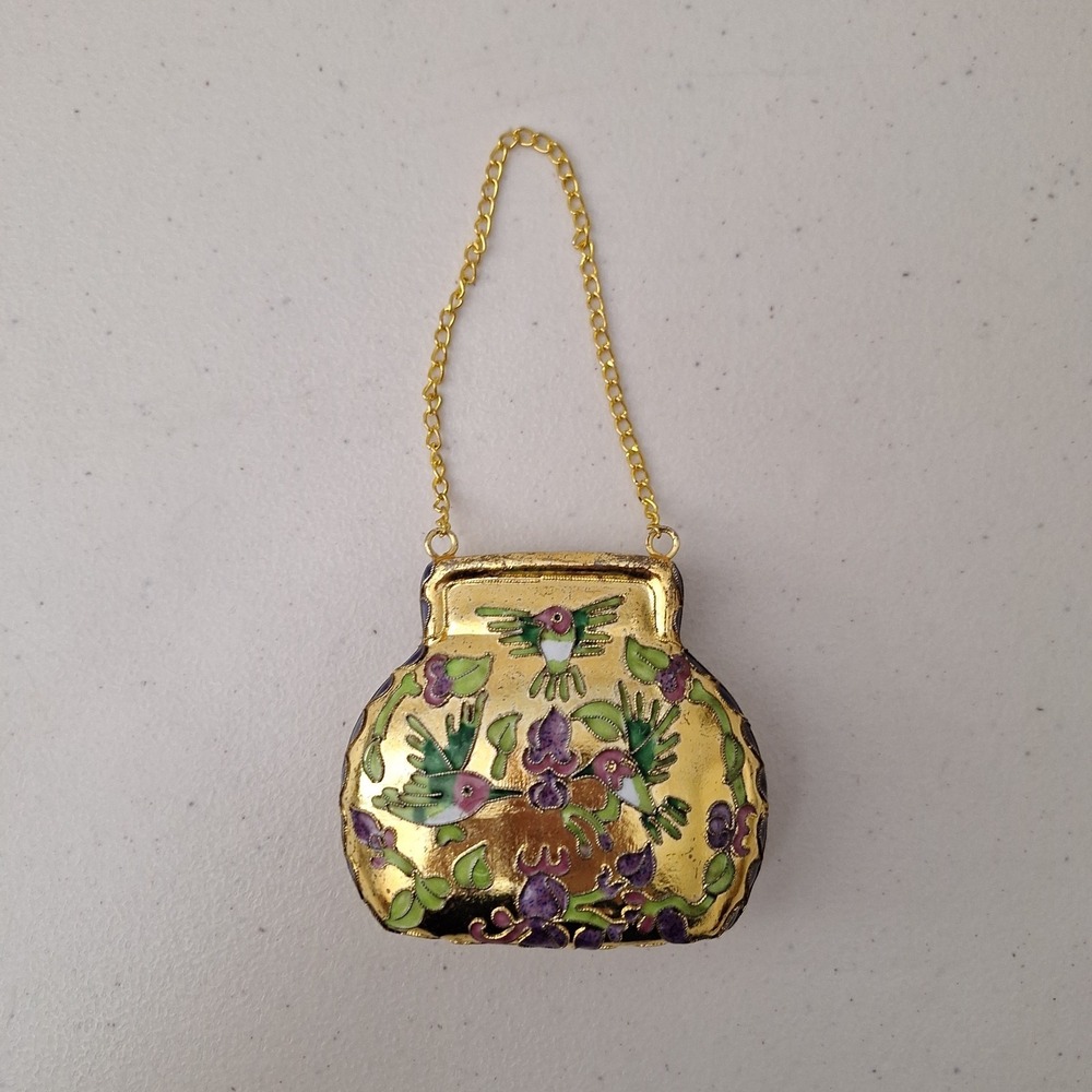 Vintage Cloisonné Enameled HUMMINGBIRD‎ Coin Purse Decor Ornament w/ Chain